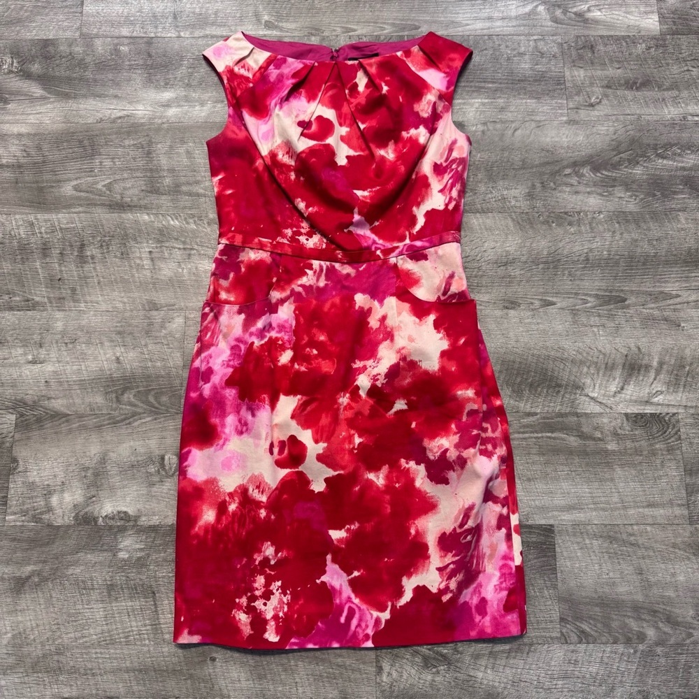 Adrianna Papell Red/Pink Watercolor Sleeveless Sheath Dress Pockets Womens Sz. 6